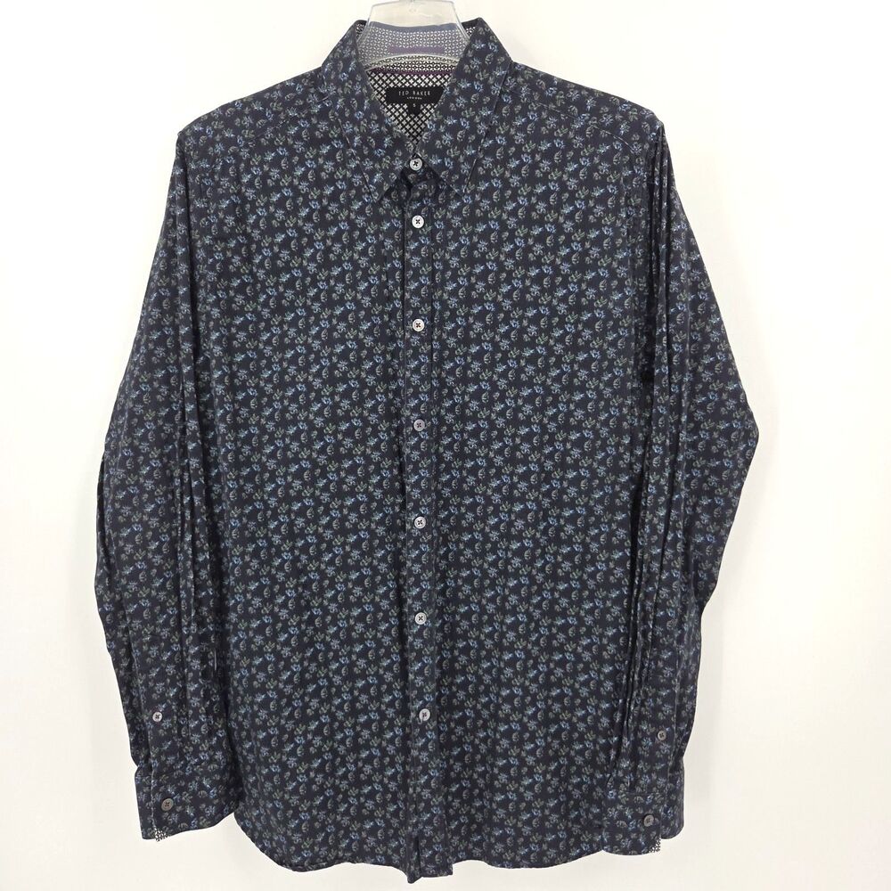 Ted Baker Button Up Down Dress Shirt Mens Size 5 Blue Floral Print Work Office